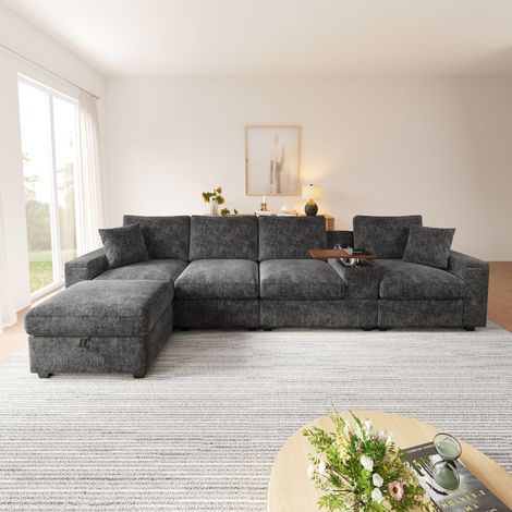 Canapé d’angle modulable 5-6 places 313x147x82cm avec pouf, rangements,USB-C,porte-gobelets et tablette pivotante,chenille, gris (1/5)