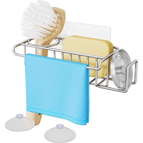 Porte-éponge porte-torchon 4en1 inox SUS304, support brosse crochet torchon (Argent) (1/5)
