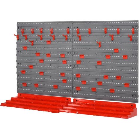Panneau perforé mural pour outils, ensemble de 54 porte-outils pour atelier, bacs de rangement, crochets, PP, gris et rouge, 95,5 x 23 x 53,5 cm