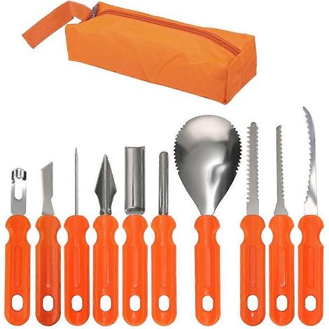 Set professionale da 10 pezzi per intagliare zucche, con stencil, utensili in acciaio inossidabile e borsa per il trasporto, ideale per Halloween. (1/5)