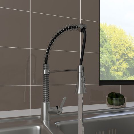 Chrome Single Lever Tap Kitchen Sink Mixer Faucet with Pull Out Spray Swivel Spout (1/5)