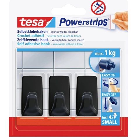 Ganchos autoadhesivos TESA de hasta 1 kg para cocina y baño, color negro, 3 unidades.