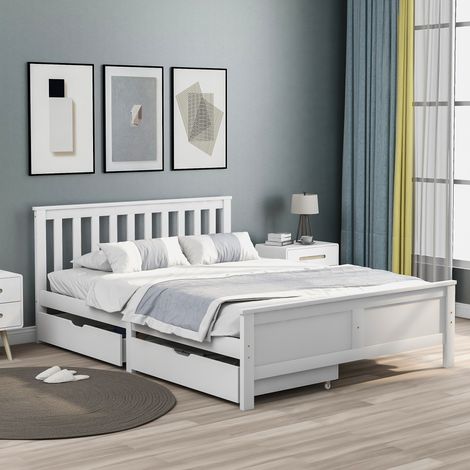Solid White Pine Storage Bed Frame with Drawers for Adults and Teens Double