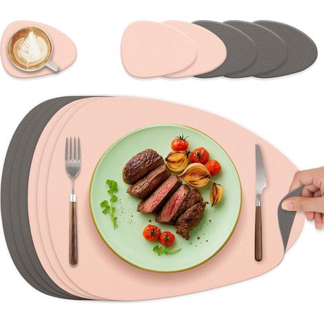 Lot de 6 sets de table ovales en cuir lavable, double face, antidérapants, rose et gris. (1/5)