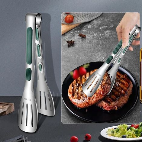 Lot de 2 pinces de cuisine en acier inoxydable avec embouts en silicone antidérapants et poignée pour servir, cuisiner, cuire et barbecue – Pinces métalliques résistantes à la chaleur (1/4)