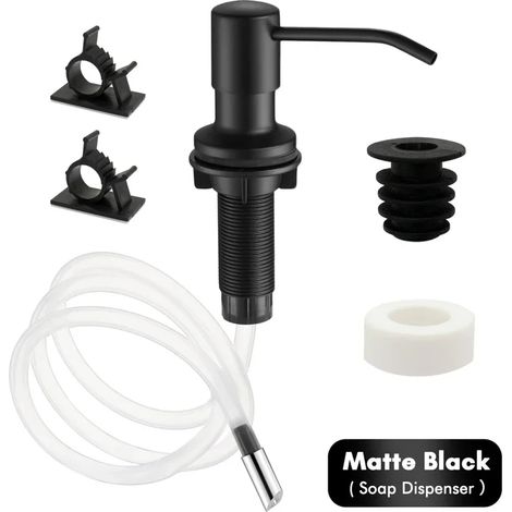 Distributeur de savon liquide pour évier (noir mat) avec tube d'extension et pompe en acier inoxydable. Accessoires de salle de bain. Distributeur noir, savon doré. (1/5)