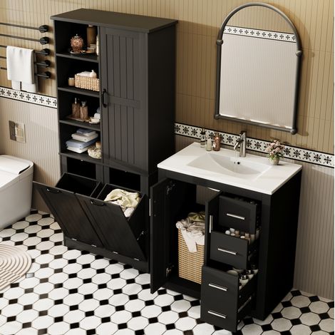 Ensemble de meubles de salle de bain-Meuble vasque 76x46,5x85,5 cm avec colonne de rangement 78 x 35 x 172 cm, MDF laqué noir, 4 colis (1/5)