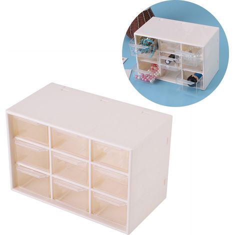 Boîte de rangement blanche portable pour bijoux et cosmétiques - 9 tiroirs en plastique (1/5)