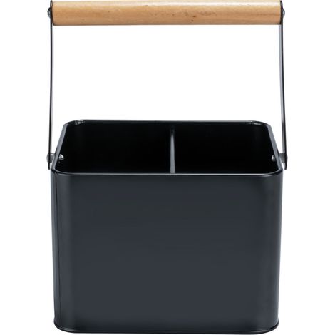 Wenko 55023100 Cestello porta utensili Baco, accessorio Black Outdoor Kitchen, cesto robusto in metallo nero verniciato a polvere con maniglia flessibile in legno, ideale per sughi, 18 x 25,5 x 15 cm (1/4)