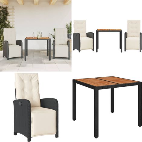 3-tlg. Bistro-Set mit Kissen Schwarz Poly Rattan - Gartentisch - Bistro-Set (1/5)