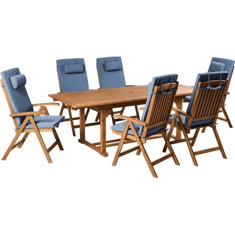 Conjunto de comedor exterior 6 plazas de madera de acacia sillas plegables con cojines azules Java Premium