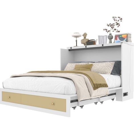 Cama armario 140 x 200 cm con cajón de gran capacidad, USB y enchufe integrados, estante en cabecero y diseño transformable en blanco, sin colchón CHICFURN (1/5)