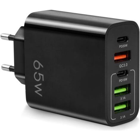BUNTHAUS Chargeur USB C Rapide 65W, Prise Multiple avec 2 USB C + 2 USB + 1 QC 3.0, Prise USB Chargeur 5 Ports Compatible avec iPhone 14 Pro Max 13 12 11 XS XR 8 7, MacBook Pro/Air, iPad, Galaxy (Noir