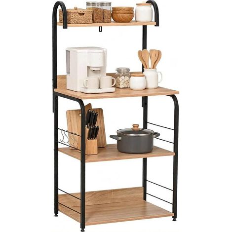 Étagère de cuisine sur pied 4 niveaux avec crochets, rangement micro-ondes, structure métal et bois, pieds réglables et anti-basculement  CHICFURN (1/5)
