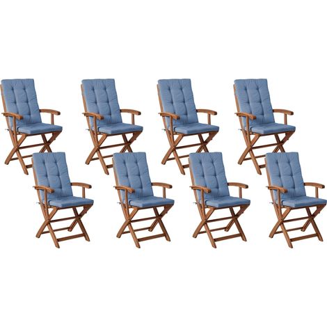 Set of 8 Garden Dining Chairs Brown Blue Acacia Wood Fabric with UV and Water-Resistant Cushions Folding Rustic Design MAUI PREMIUM (1/5)