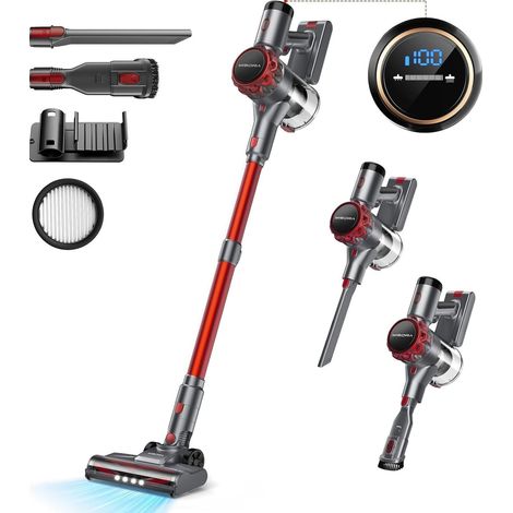 Aspirateur balai sans fil 300 W ABS+PC gris et rouge, 40 000 Pa, 2 vitesses pour maison – MEUBLIV (1/5)