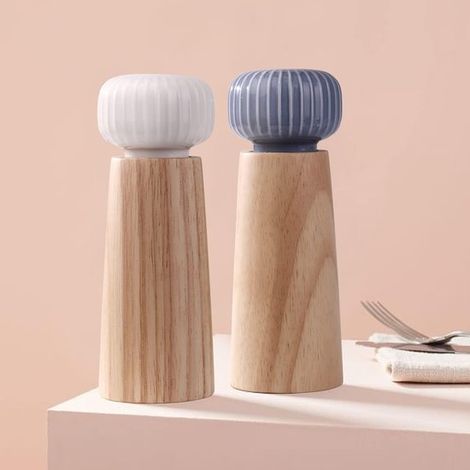 2 piezas de molinillos de sal y pimienta de madera y cerámica - Molinillo de especias con mecanismo de molienda ajustable, 17,5 cm