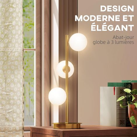 Lampe de chevet avec 3 abat-jours globe, lampe de table moderne avec base en acier et douilles G9, pour salon et chambre à coucher, ampoules non incluses, ton laiton (1/4)