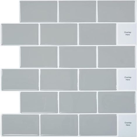 Lot de 10 feuilles de carreaux de métro à décoller et à coller - 25,4 x 25,4 cm - 3D - Pour dosseret de cuisine (gris) (1/5)