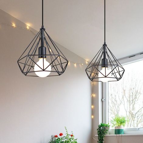 Suspension Luminaire Industrielle 25cm 2 Pack Rétro Lustre Cage Diamant en Métal Plafonnier Luminaire Couloir Chambre Noir (1/4)