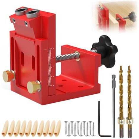 BUNTHAUS Adjustable Kit d'outils de Gabarit de Percage Oblique pour Menuiserie, Bleu Amovible Pocket Hole Jig, Avec 2 Forets de 9 mm, pour le Travail du Bois et la Fabrication de Meubles (Rouge) (1/5)