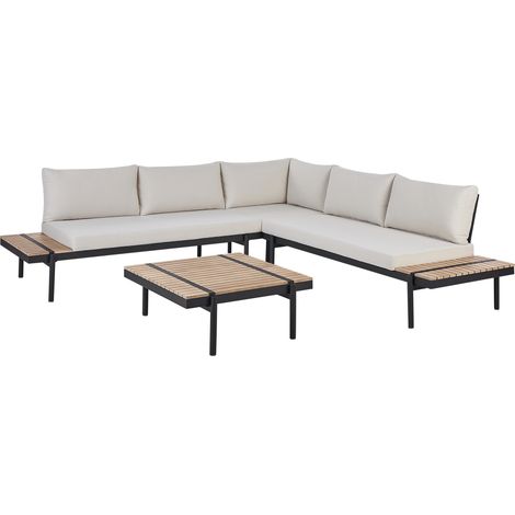 Conjunto de jardín con sofá esquinero 5 plazas mesa de centro de madera de eucalipto cojines blanco crema Bellariva