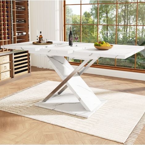 Tavolo da pranzo allungabile 118-157/75/76,4 cm bianco con effetto marmo e gambe incrociate (1/5)