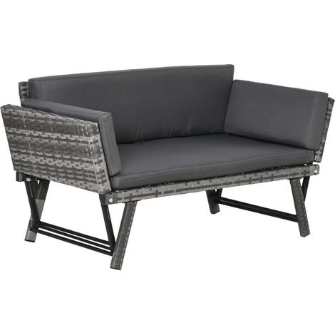 Canapé de jardin 2 places en rotin avec coussins et accoudoirs rabattables, 129x63x67cm, couleur grise