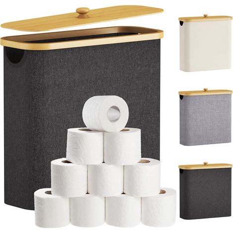 Porte-papier toilette, panier de rangement pour rouleaux de papier toilette, porte-papier toilette étroit en bambou avec couvercle. (1/5)