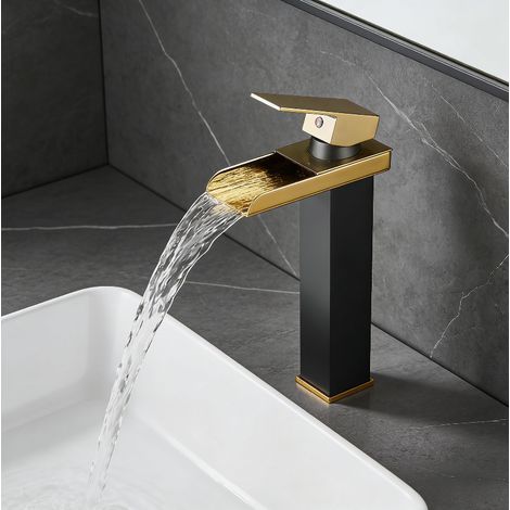 Robinet de salle de bain cascade haut à large rebord noir et doré avec tuyau d'arrivée de 60 cm Mitigeur de lavabo à bec large de style européen avec eau chaude et froide