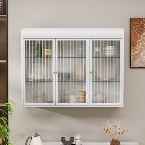 MODFU Armadietti per il bagno, mobile bagno sospeso da 90x19.5x70 cm in metallo con 3 ante in vetro e 2 ripiani, mobile cucina, credenza, bianco (1/5)