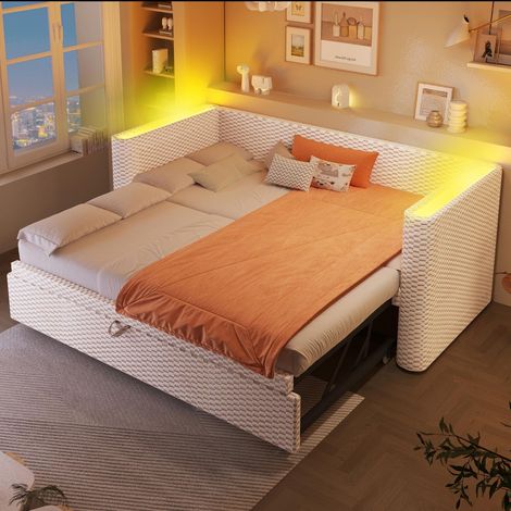 Lit gigogne 90/180x200 Velours Beige, Canapé-Lit capitonné Extensible avce LED - Sommiers Inclus - Confort optimal