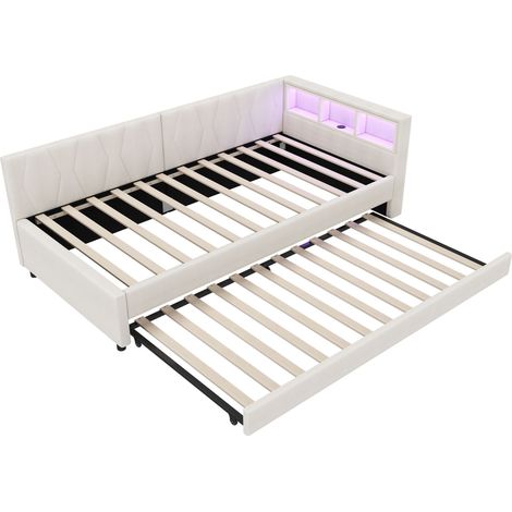 Lit de jour 90x200 cm, canapé-lit, rangement intégré, USB + Type C, barre lumineuse LED, lit gigogne, sommier à lattes (sans matelas), lin, beige