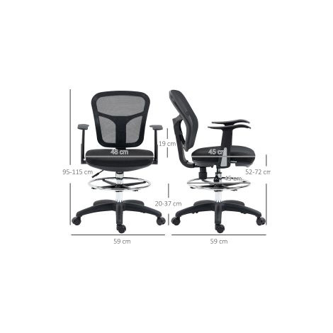 Chaise de bureau ergonomique, chaise d'ordinateur 95-115 cm avec accoudoirs et repose-pieds, mesh noir pour bureau et télétravail (1/5)