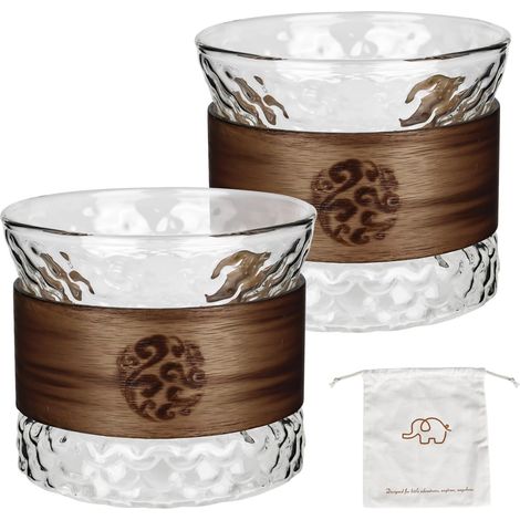 Set di 2 tazzine da caffè espresso da 170 ml con manici in legno di noce antiscottatura, vetro borosilicato resistente, per caffè latte, caffè americano freddo e latte (1/5)