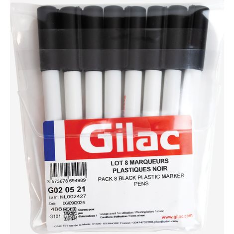 Marqueur plastique effaçable à l'eau - noir - lot de 8 - Gilac