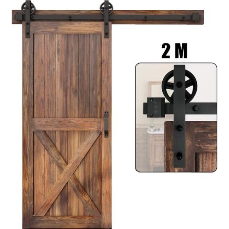 Quincaillerie Kit de Rail pour Porte Coulissant Noir Système de Porte de Grange Complet Set pour Chambre Salle de Bain 2,0M (1/5)