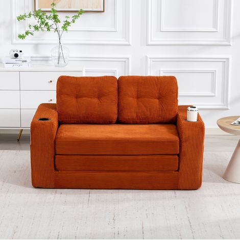 Canapé 2 places 136x80x82.5 cm orange en velours côtelé modulable avec porte-gobelets et poches latérales (1/5)