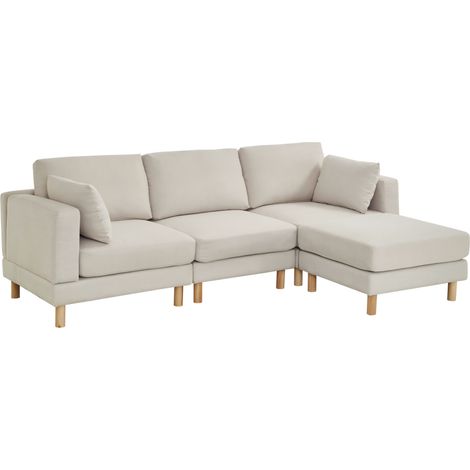Canapé d'angle 3 places en L avec pouf, tissu polyester beige et pieds en bois massif pour salon moderne (1/5)