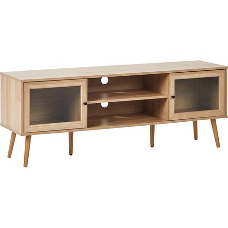 Mueble para TV con 2 puertas de vidrio tablero de partículas patas de madera de pino madera clara Albany (1/5)