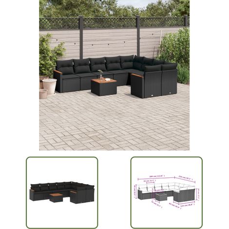 The Living Store 10-tlg. Garten-Sofagarnitur mit Kissen Schwarz Poly Rattan - Gartenmöbel - Esstisch - Lounge Set - Outdoor Möbel - Rattan Gartenmöbel (1/3)