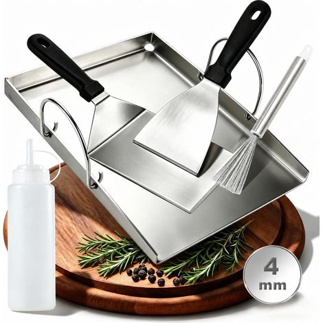 Plancha Gaz INOX 40x30cm - Barbecue Plancha Acier INOX 4mm, Lot de 5 Pièces Plaque de cuisson universelle en acier inoxydable massif, adaptée aux barbecues à gaz et au charbon (1/5)