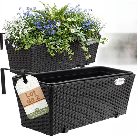 2x Bac à fleurs en polyrotin Jardinière pour balcon Terrasse Fenêtre Jardin Noir