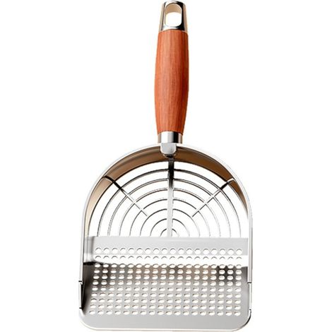 Pelle à litière pour chat en acier inoxydable avec trous fins et manche en bois - Tamisage efficace (1/4)