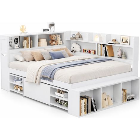Lit enfant 140x200 cm avec rangements intégrés, tiroirs, bibliothèque et armoire, sommier à lattes, sans matelas, blanc - CHICFURN (1/5)