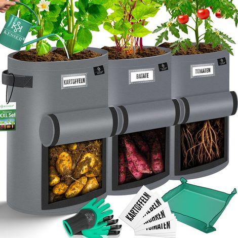 KESSER® Saco para patatas XXL con ventana - 38 L, set de 3, gris (1/5)