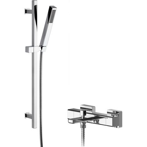 Empire Wall Mount Thermostatic Bath Shower Mixer Tap with Square Slide Rail Kit - Chrome - Balterley