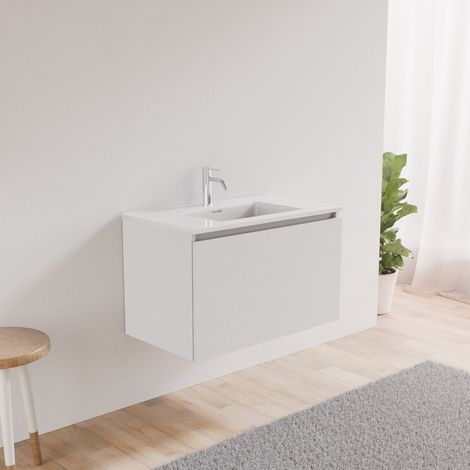 Inda - Badezimmerschrank 1 Schublade L.80 mit abgerundetem Waschbecken - Weißer Ledereffekt (1/5)