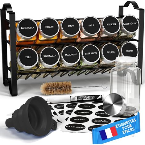 Etagere avec Boite a Epices Lot de 12 avec Étiquettes d'épices Françaises - Rangement Epices Cuisine placard - Etagere Rangement et Organisation de Cuisine, Organisateur de Placard (1/5)