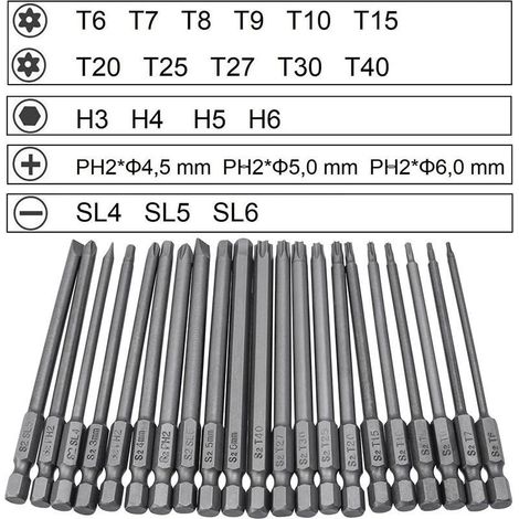 Longziming – 21-teiliges Schraubendreher-Bit-Set – S2 HRC60 Stahl – 100 mm Länge – Torx T6–T40, Innensechskant 3–6 mm, Kreuzschlitz PH2, Schlitz 4–6 mm (1/5)